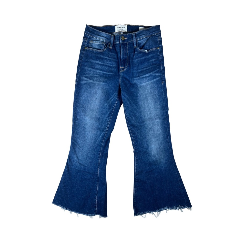 FRAME Le Crop Bell High Rise Flare Jeans Medium Wash Raw Hem Size 26 LCB394‎
